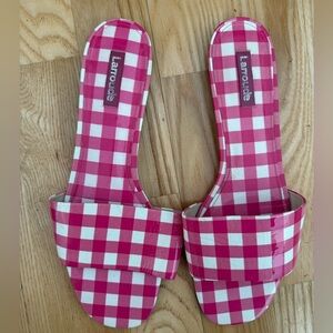 Larroude Pink and White Checkered Sandals
